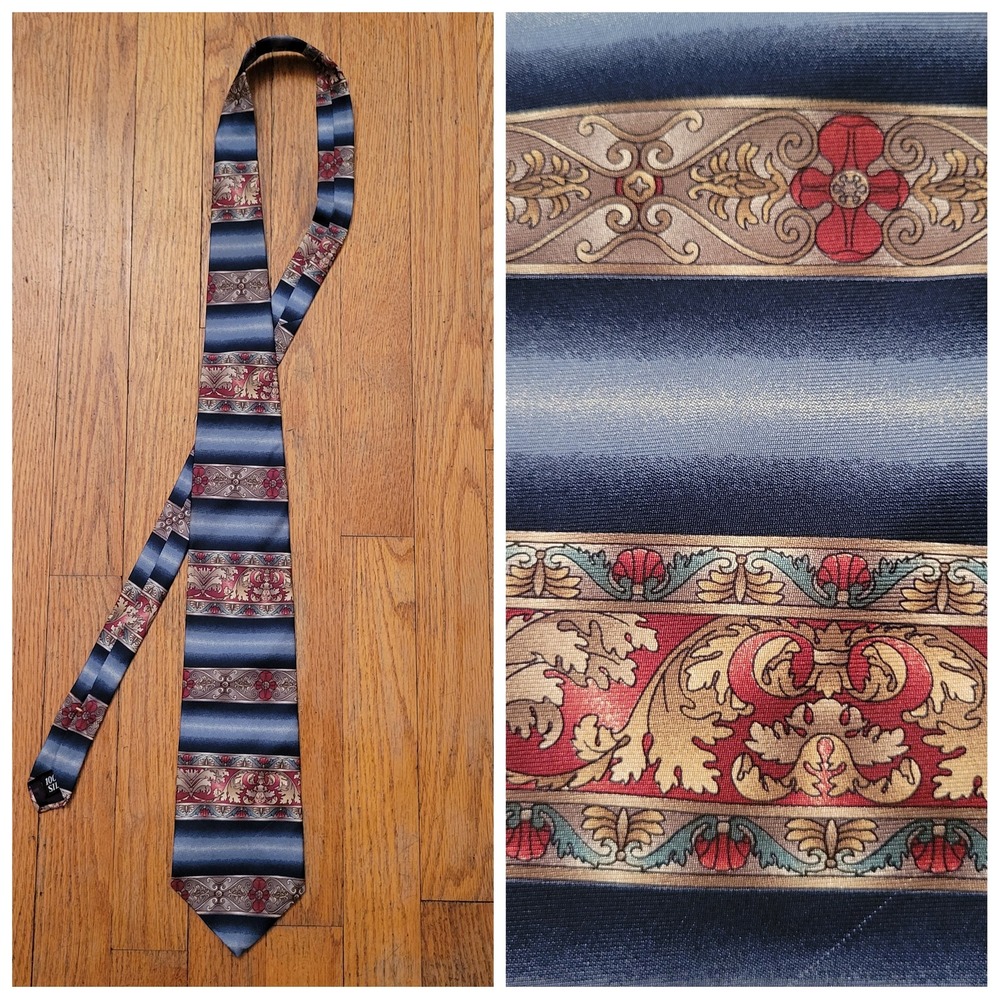 Stafford Silk Tie Blue Gold Ornate Floral Banded Baroque Preppy‎ Power Necktie